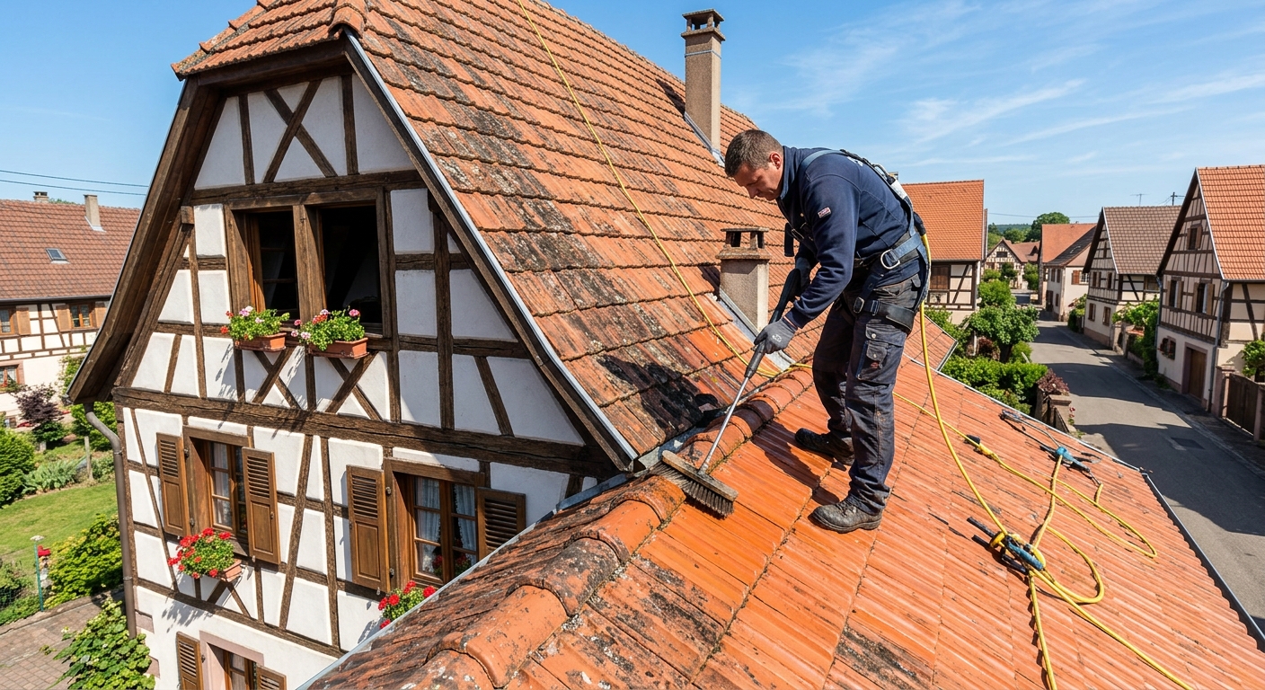 Artisan couvreur nettoyant une toiture en tuiles à Pfastatt