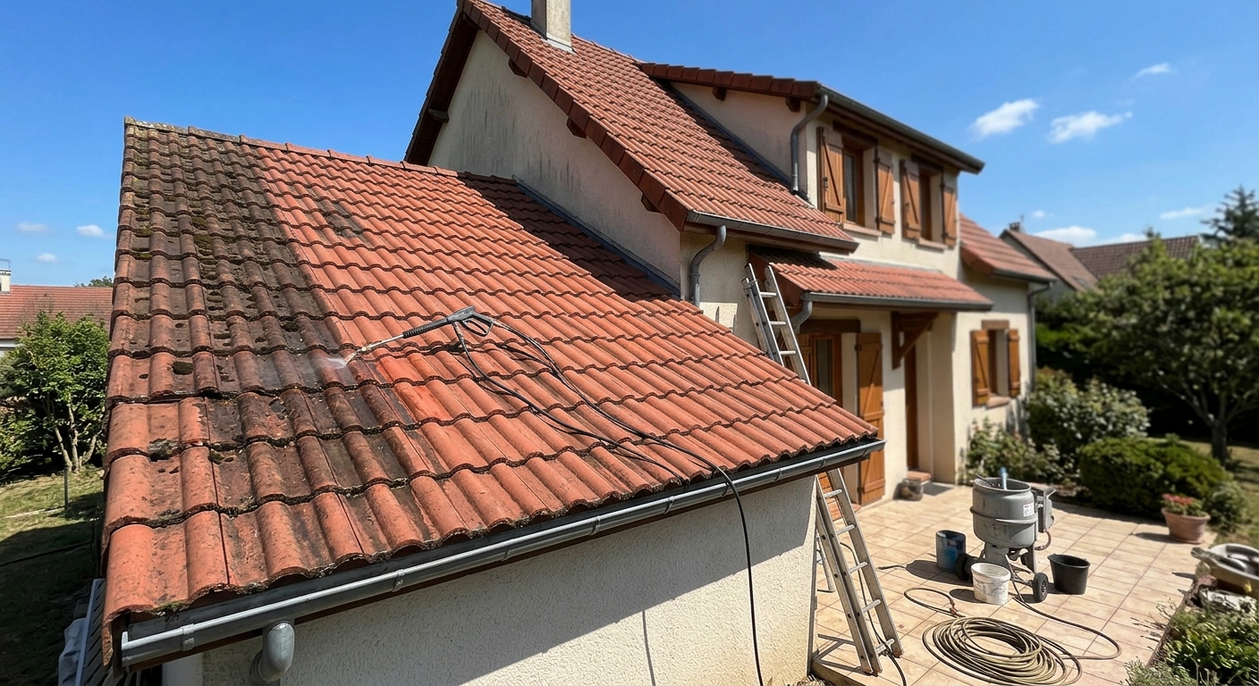 Artisan couvreur nettoyant une toiture à Riedisheim
