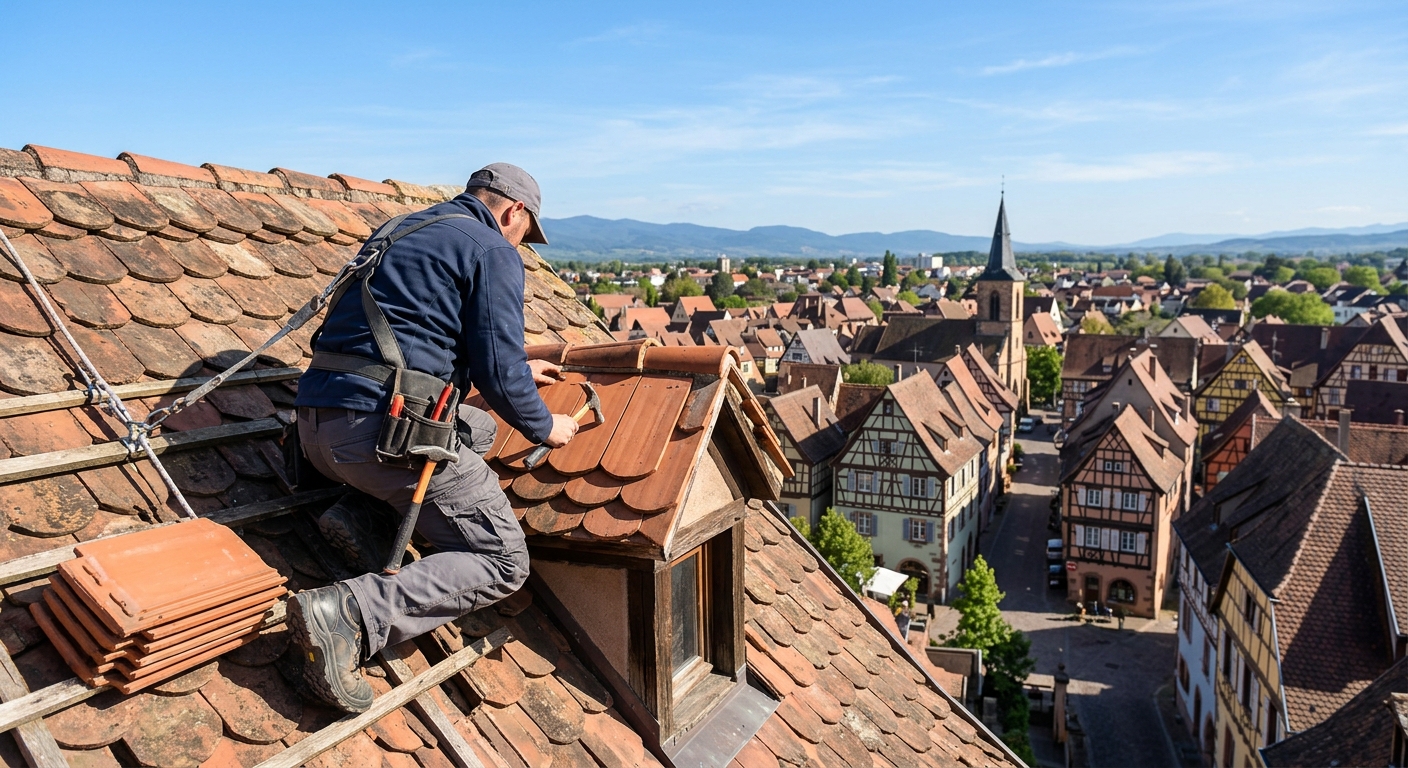 Artisan couvreur Gresset Pierre réparant une toiture en tuiles à Mulhouse