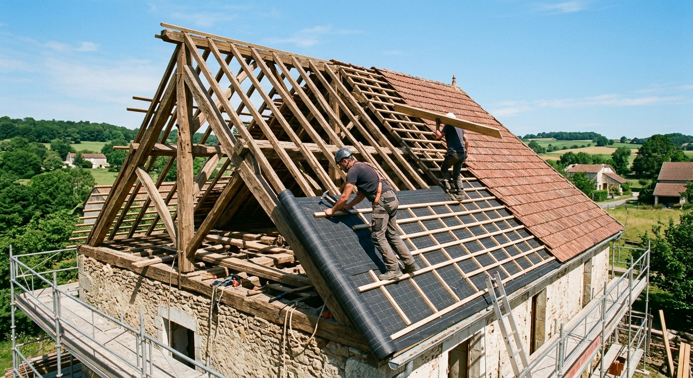 Chantier de rénovation de toiture complète par l'entreprise Gresset Pierre